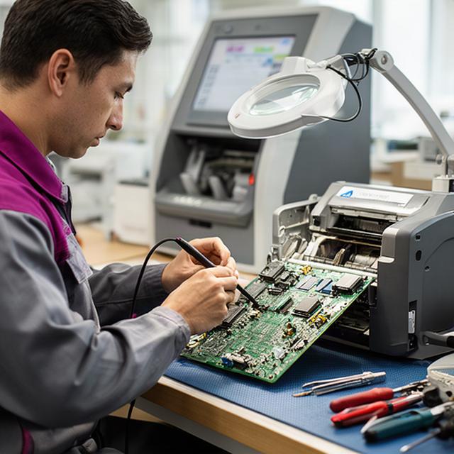 Singapore ATM engineer testing a cash dispenser circuit board at a repair bench