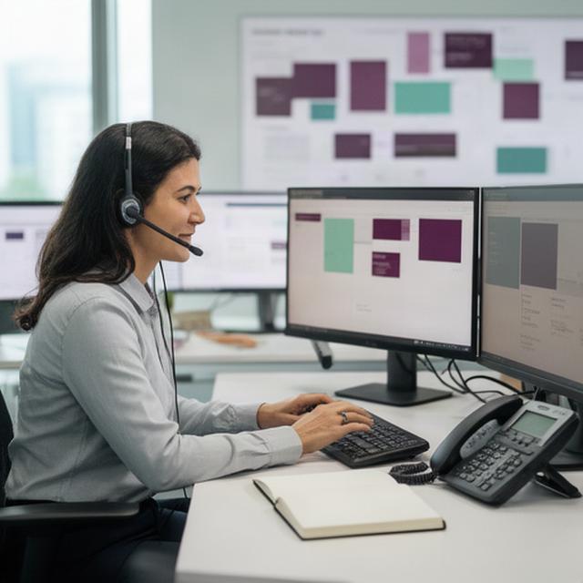 ATM service desk coordinator reviewing maintenance calls and site notes in Singapore